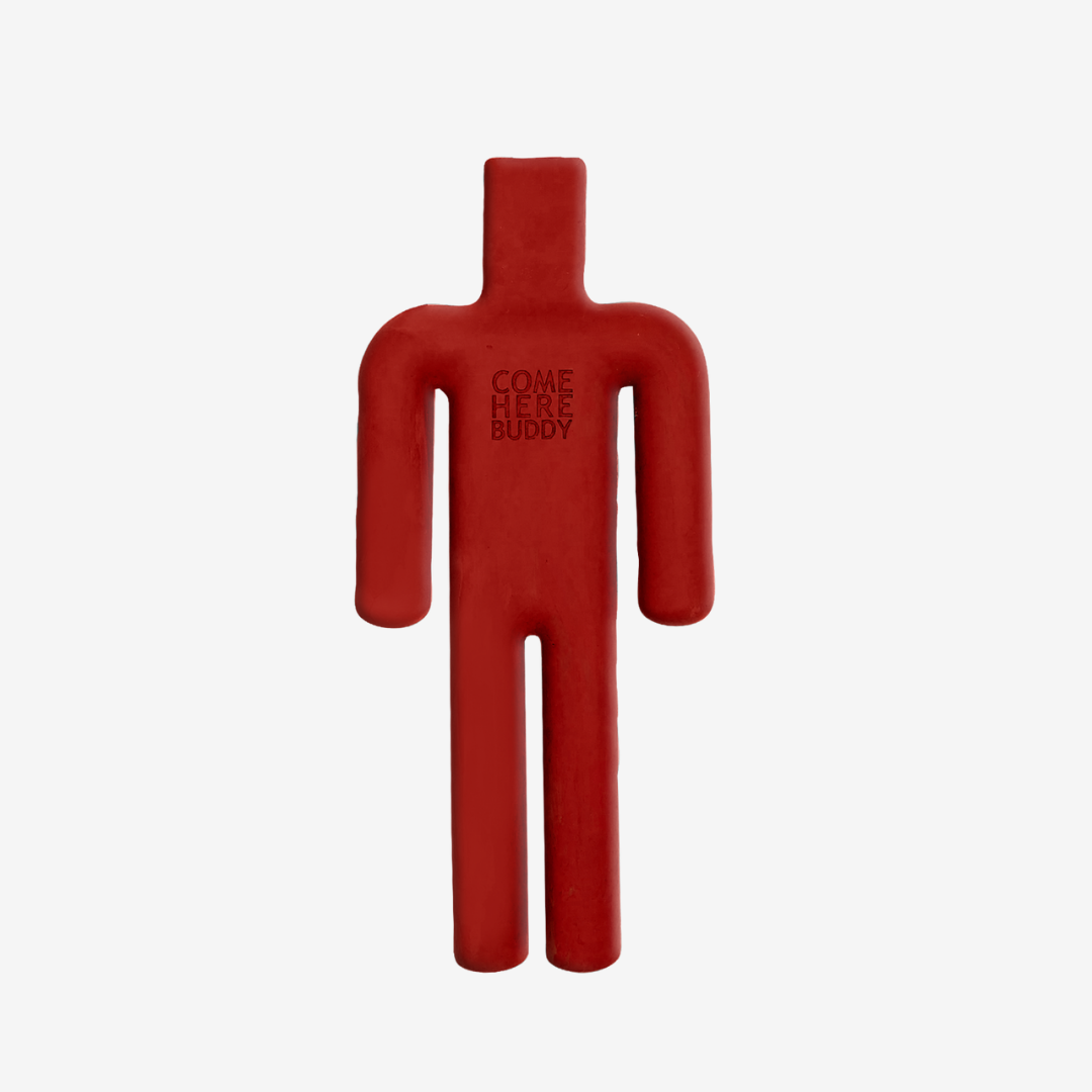 Durable red dog chew toy made of 100% natural BPA-free rubber shaped like a human figure.