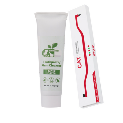 Natural pets toothpaste and gum cleanser with catnip flavor and wooden-handle cat toothbrush