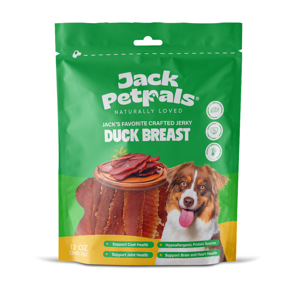 Jack PetPals Handcrafted Jerky duck breast dog treats in resealable 12oz green pouch with dog image
