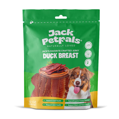 Jack PetPals Handcrafted Jerky duck breast dog treats in resealable 12oz green pouch with dog image