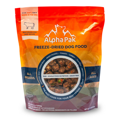 Premium raw freeze dried dog food beef by Alpha Pak for all breeds and ages, grain-free, made in USA with grass-fed beef and vegetables.