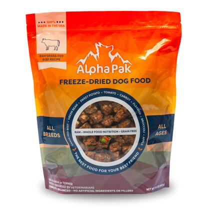 Premium raw freeze dried dog food beef recipe bag by Alpha Pak for all breeds and ages