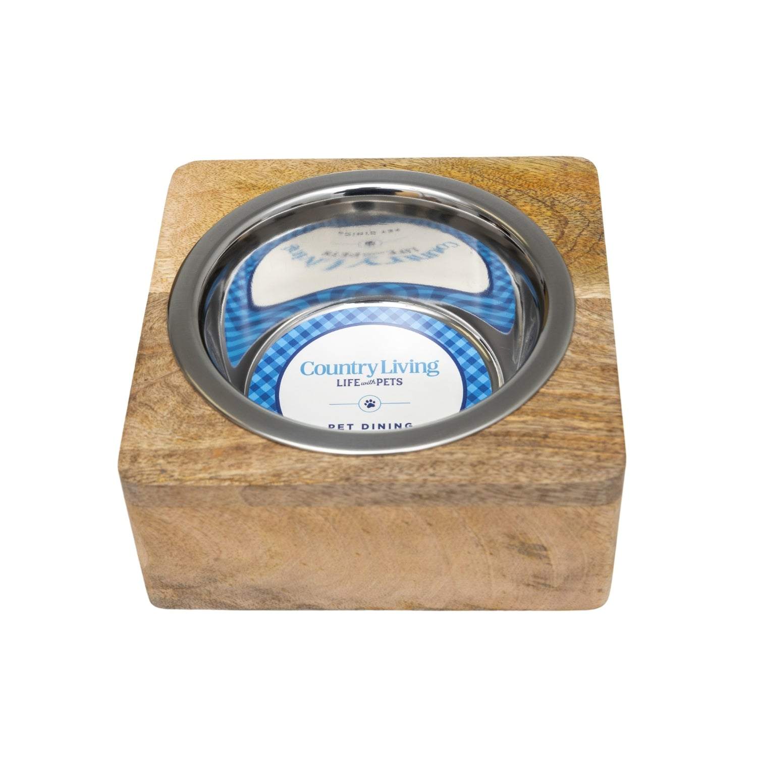 Country Living stainless steel dog bowl with 1-quart capacity in a square mango wood holder