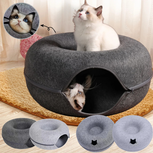 Felt Donut Cat Bed with Breather Hole - 2-in-1 Tunnel & Hideaway