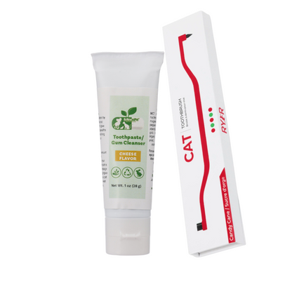 Natural pets toothpaste and gum cleanser with cheese flavor and cat toothbrush in white and red packaging