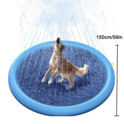 Blue pet sprinkler pad cooling mat with water spray and dog playing outdoors 150cm diameter