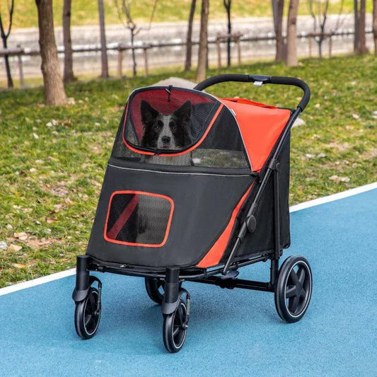 Foldable dog stroller with storage, shock absorption wheels, mesh windows, and safety leash for large and medium dogs