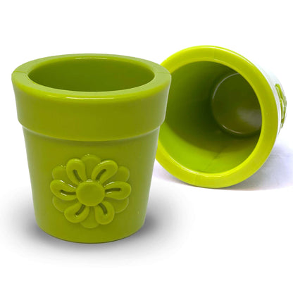 Durable green large flower pot dog treat dispenser with embossed flower design for enrichment and slow feeding