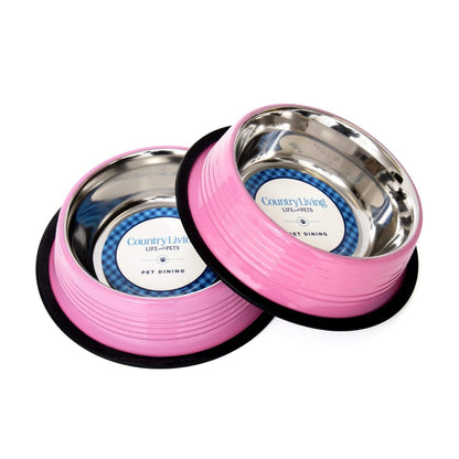 Country Living Set of 2 ribbed non-slip carnation pink stainless steel pet bowls with removable rubber base