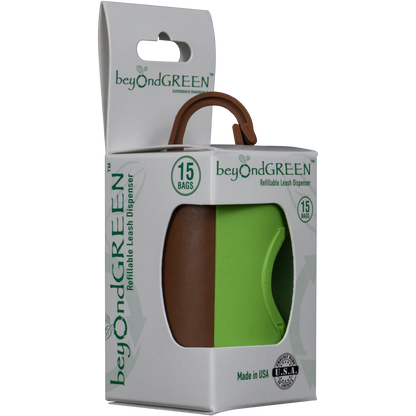 beyondGREEN recycled-plastic leash dispenser with 15 bags in eco-friendly packaging