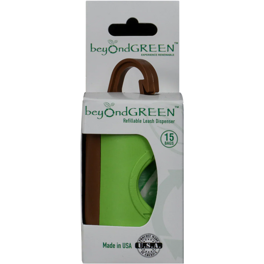 beyondGREEN dog leash waste bag dispenser with 15 refillable bags in eco-friendly packaging