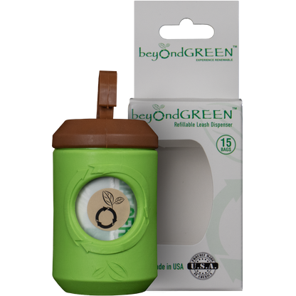 beyondGREEN recycled-plastic leash dispenser with 15 biodegradable waste bags and carabiner attachment