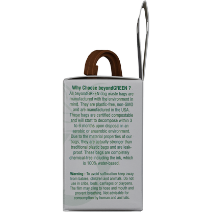 Recycled-plastic leash dispenser with 15 biodegradable dog waste bags and carabiner clip for easy attachment.