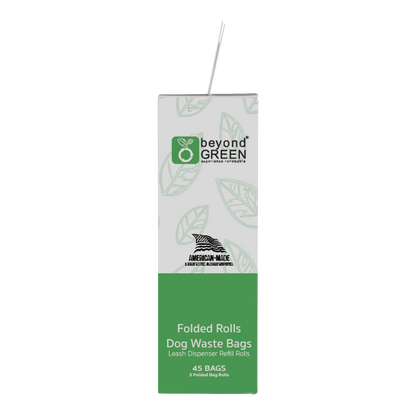 beyondGREEN 45 count compact durable dog poop bags in minimalist packaging for all dog breeds