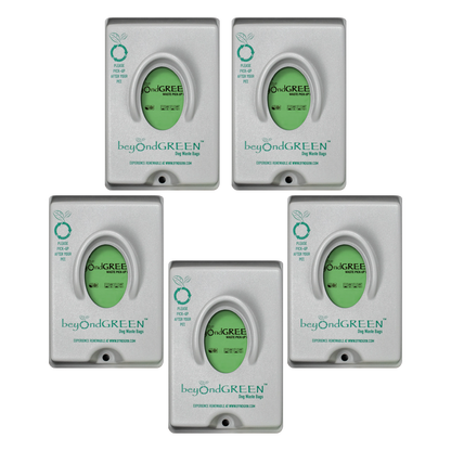 Set of five silver single-pull dog waste bag dispensers with green beyondGREEN bags visible through oval windows