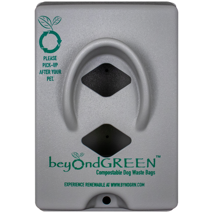 Gray locking dog waste bag rolls park dispenser with beyondGREEN branding and eco-friendly symbols