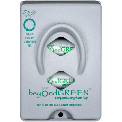 Locking front-load dog waste bag dispenser with beyondGREEN compostable dog waste bag rolls