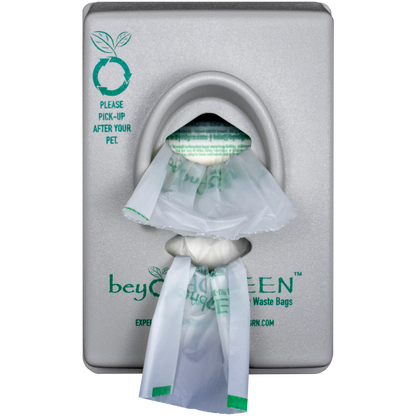 Dog waste bag rolls in locking park dispenser for easy pet waste cleanup