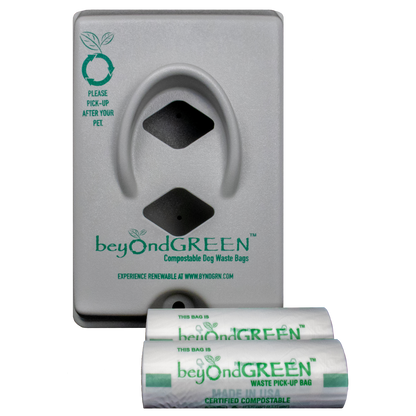 Dog waste bag rolls with locking park dispenser and compostable beyondGREEN bags
