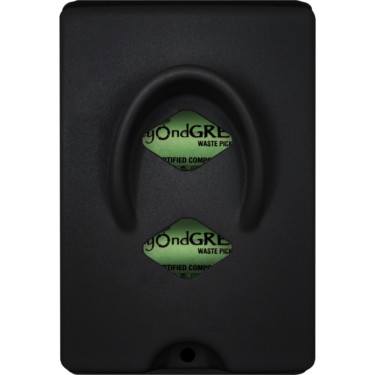 Black locking front-load dog waste bag dispenser with green dog waste bag rolls inside for parks and outdoor use