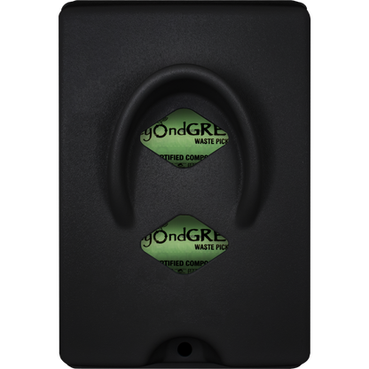 Black locking front-load dog waste bag dispenser with green dog waste bag rolls inside for parks and outdoor use