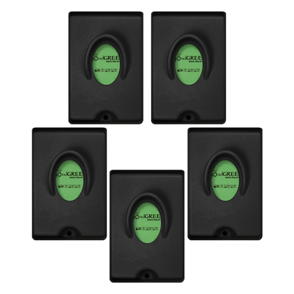 Black single-pull dog waste bag park dispensers with green bags inside, arranged in a five-unit pattern