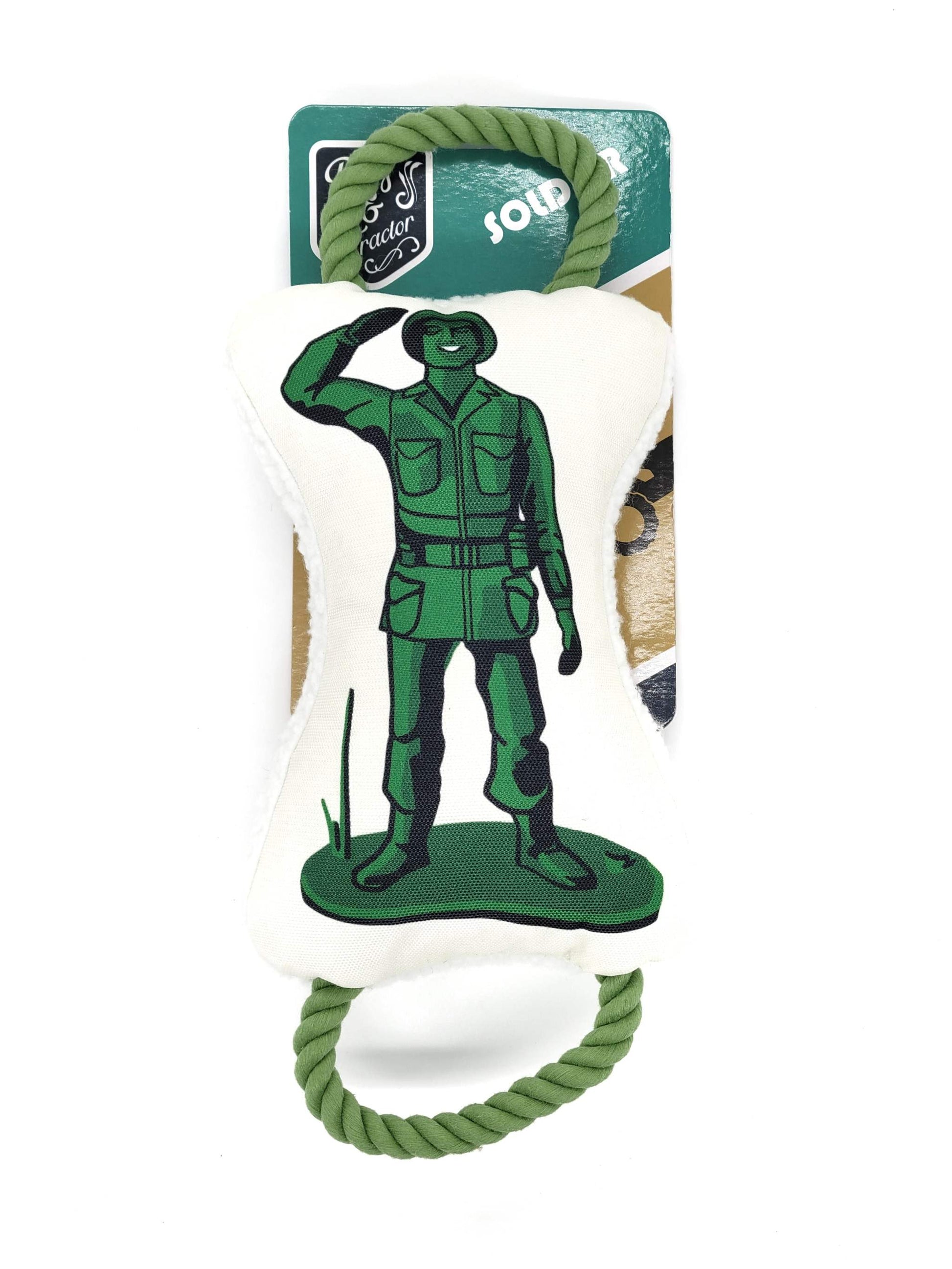 Retro Soldier plush dog toy with squeaker, crinkle paper, and rope for tugging, designed for medium to large breeds.