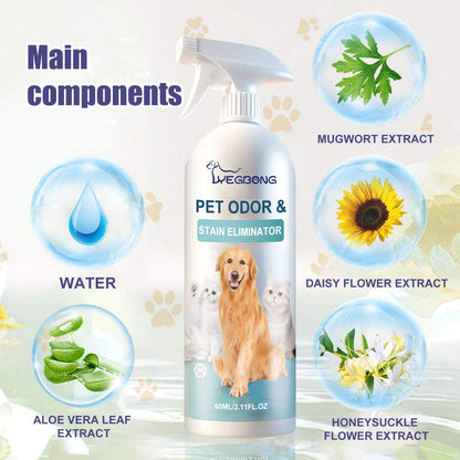 Pet Odor & Stain Eliminator spray bottle with natural extracts for removing pet odors and stains indoors