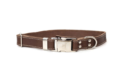 Pro Line Quick-Release chocolate leather dog collar with metal buckle and steel D-ring.