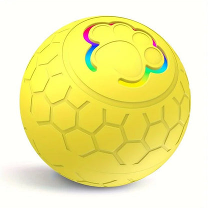 Yellow interactive pet toy ball with hexagonal texture and glowing paw print design