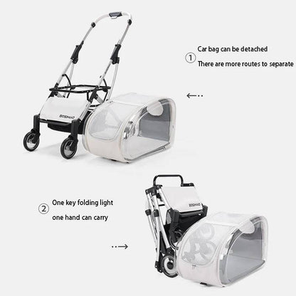 Lightweight foldable four-wheeled cart for small to medium pet dogs and cats in transparent white and pink colors