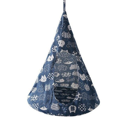 blue conical pet hammock with cat print hanging for kittens puppies and small dogs