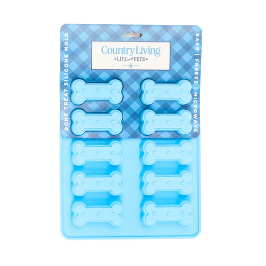 Blue bone-shaped silicone baking tray with 10 cavities for homemade dog treats and snacks