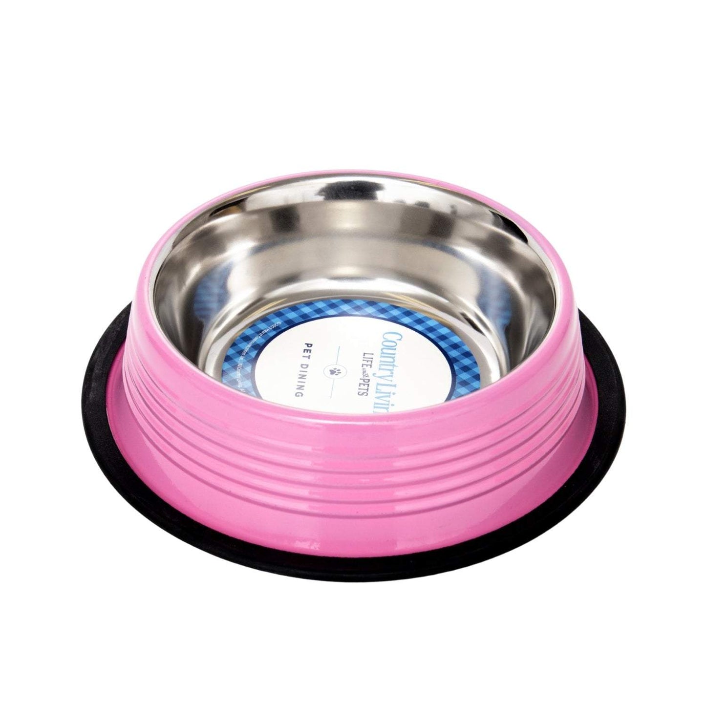 Country Living Set of 2 ribbed non-slip stainless steel pet bowls in carnation pink with removable rubber base