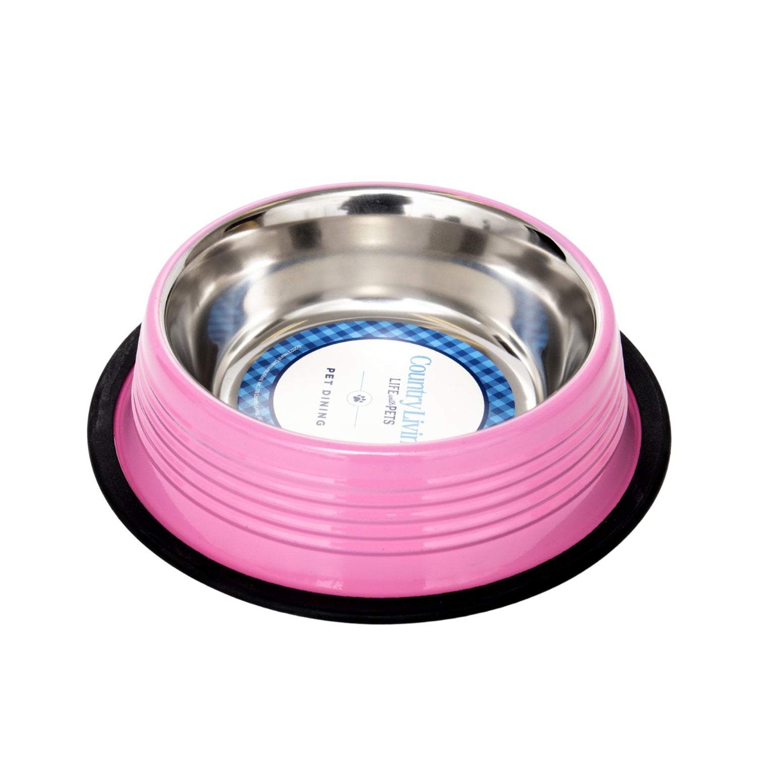 Country Living Set of 2 ribbed non-slip stainless steel pet bowls in carnation pink with removable rubber base
