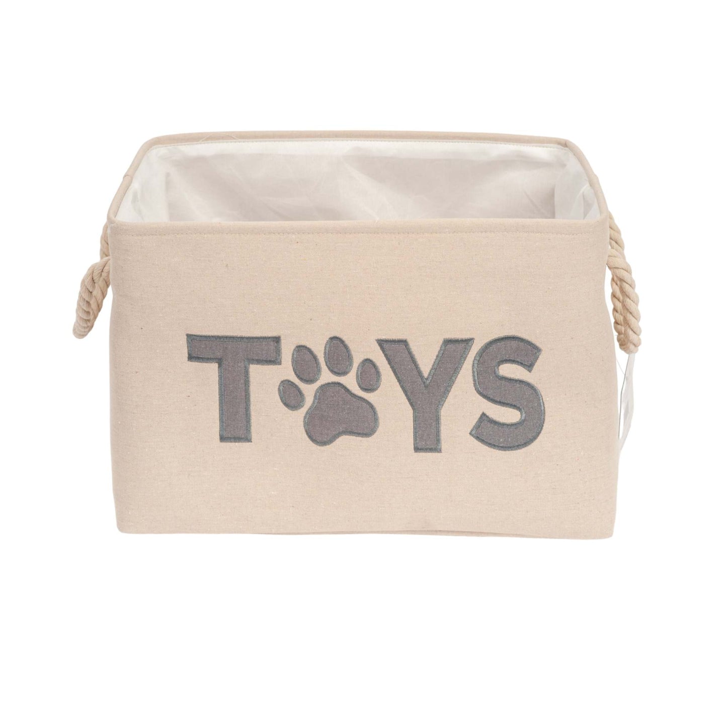 Country Living Foldable Fabric Dog Toy Storage Bin in neutral color with "TOYS" and paw print, collapsible organizer for pet accessories
