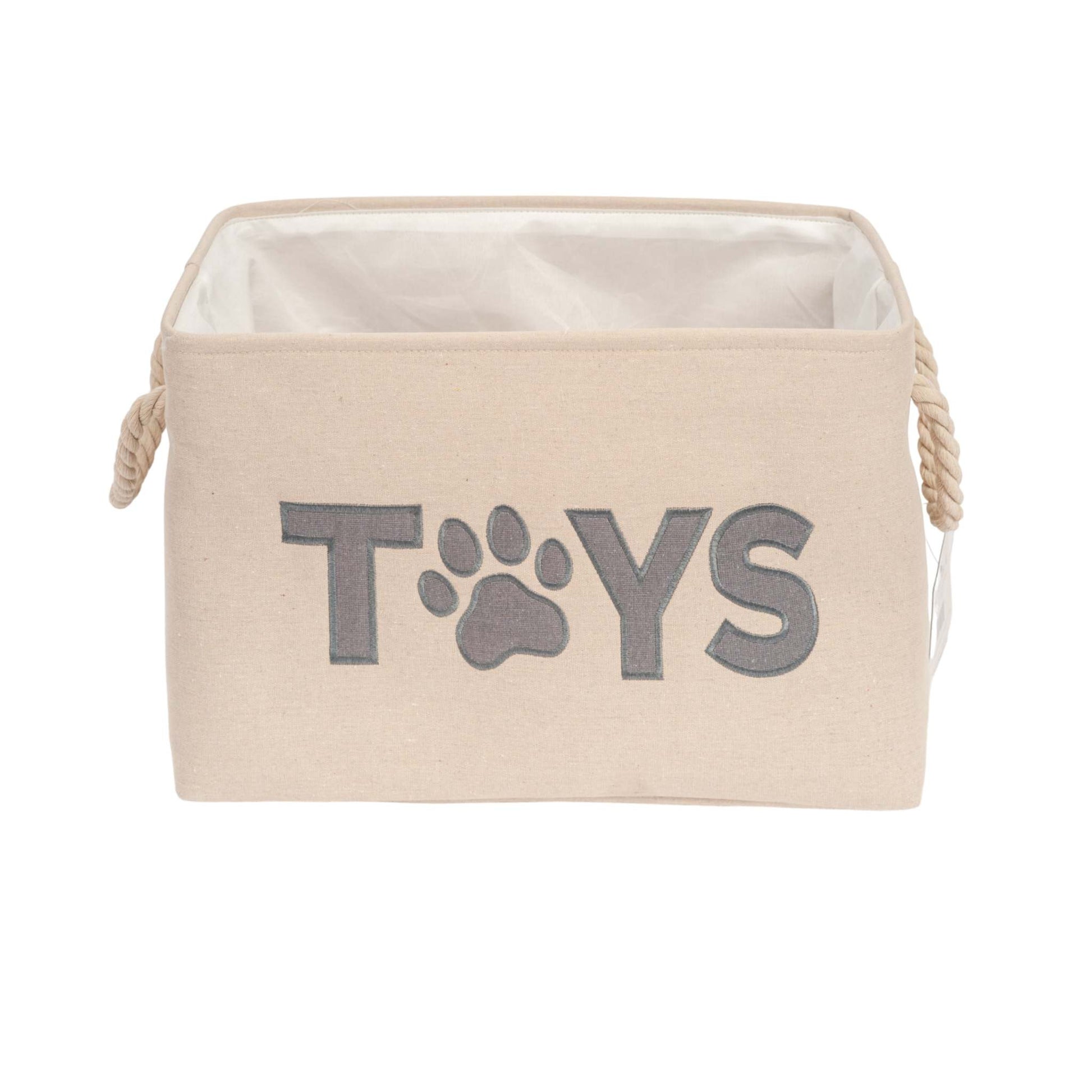 Country Living Foldable Fabric Dog Toy Storage Bin in neutral color with "TOYS" and paw print, collapsible organizer for pet accessories