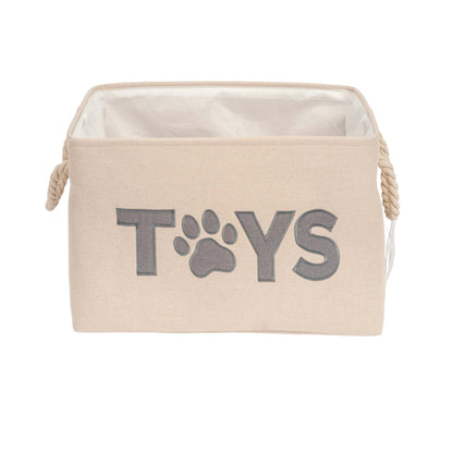 Country Living Foldable Fabric Dog Toy Storage Bin in neutral color with "TOYS" and paw print, collapsible organizer for pet accessories