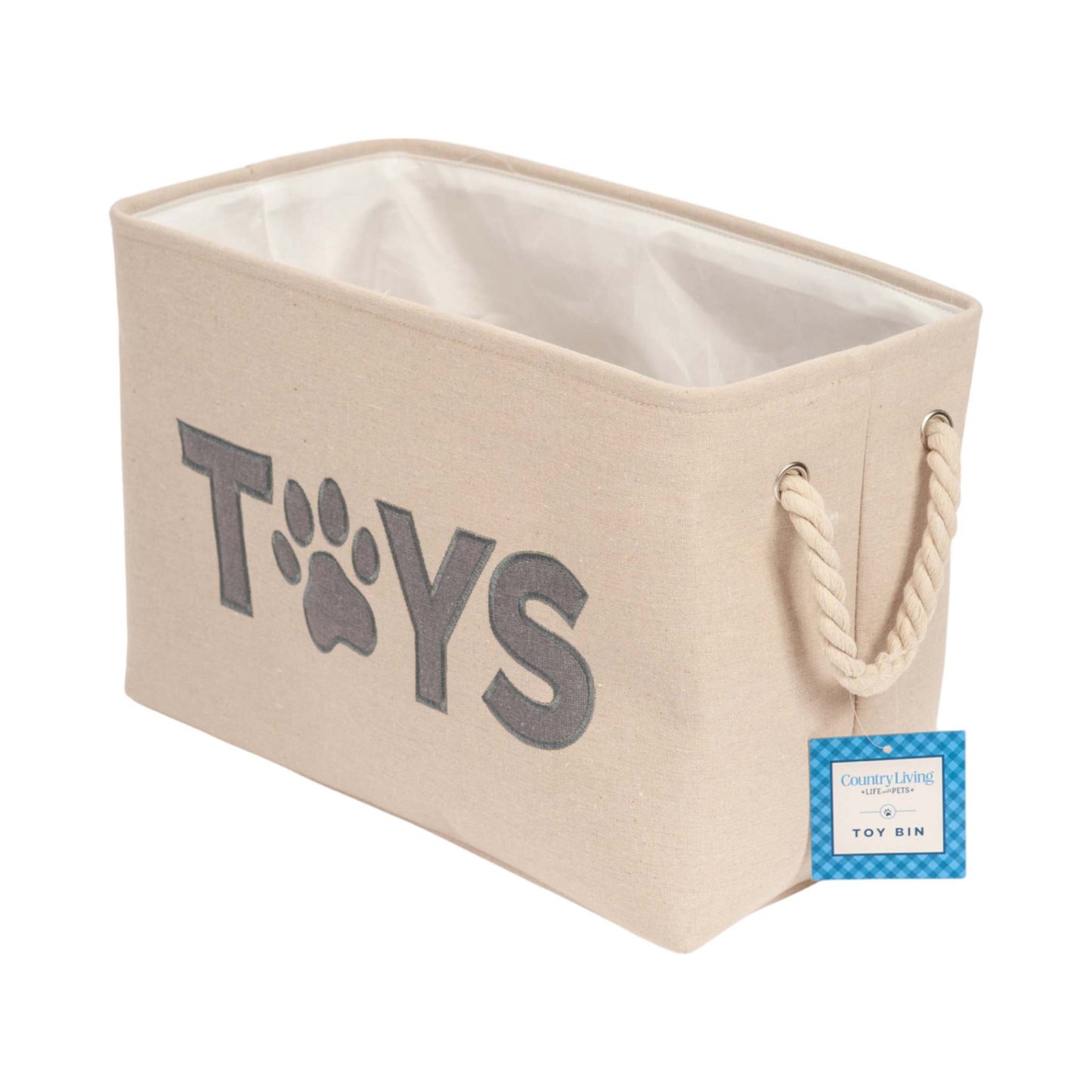 Country Living Foldable Fabric Dog Toy Storage Bin with neutral color and rope handles for organizing pet toys