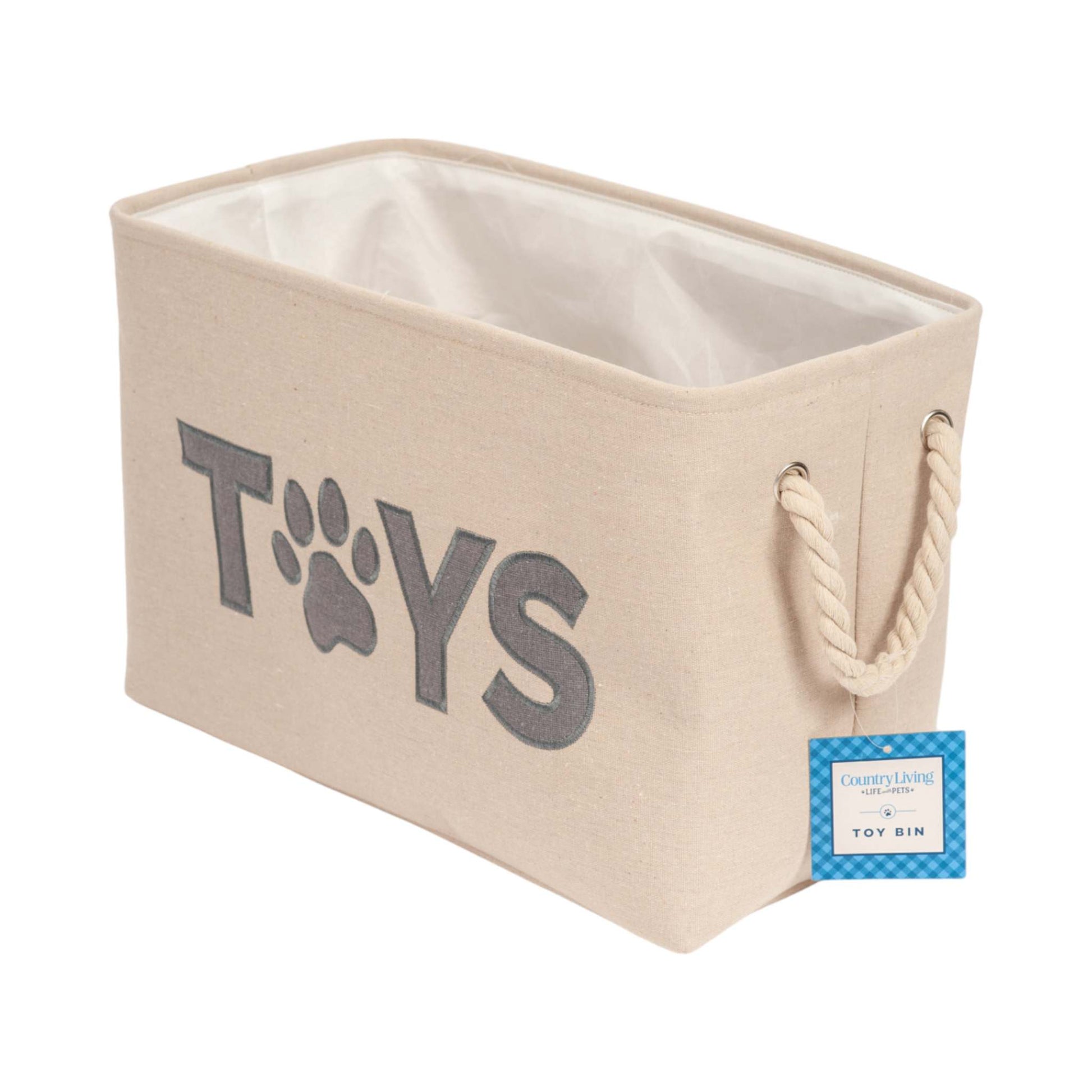 Country Living Foldable Fabric Dog Toy Storage Bin with neutral color and rope handles for organizing pet toys