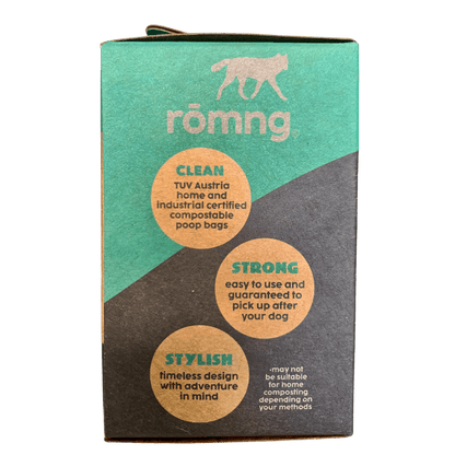 Compostable dog poop bags made from plant-based materials, eco-friendly and durable pet waste bags in recyclable packaging