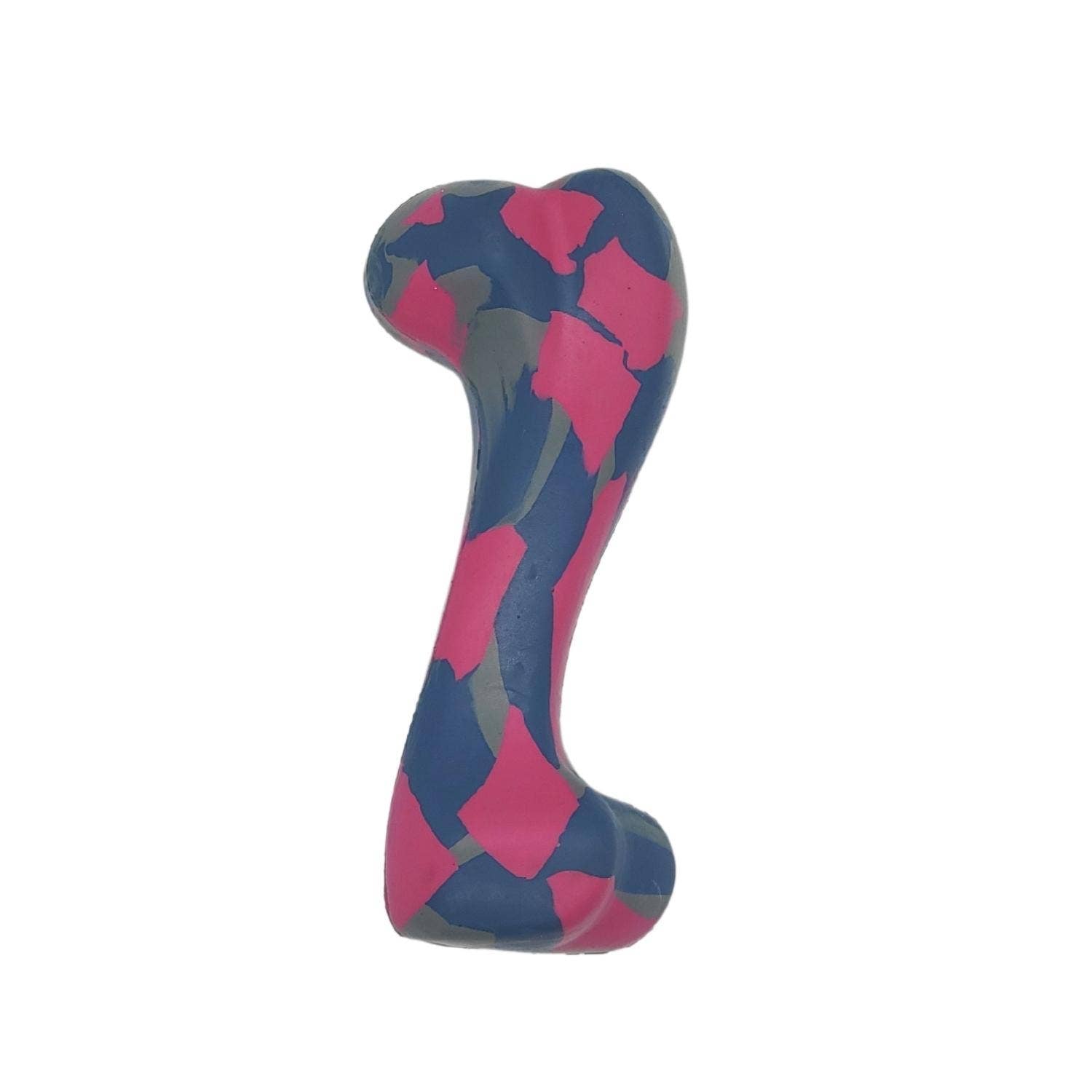 Small natural rubber dog bone chew toy in blue and pink, durable and safe for strong chewers.