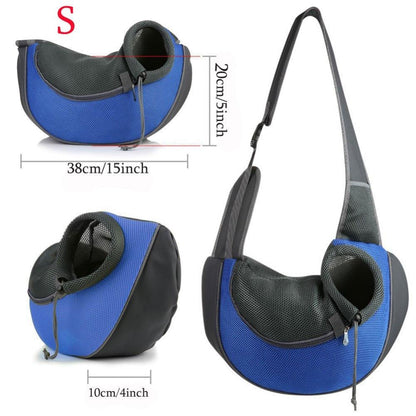 Blue breathable pet carrier handbag sling with adjustable shoulder strap and mesh fabric for small dogs and cats