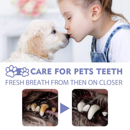 Girl kissing puppy nose with dog and cat tooth cleaning spray before and after results showing plaque removal and fresh breath for pets