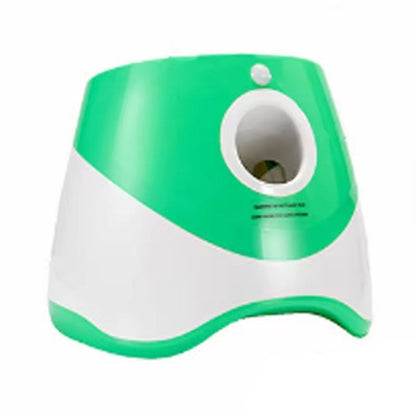 Rechargeable automatic tennis ball launcher with three 5cm balls for pet interactive play and adjustable launch distances.