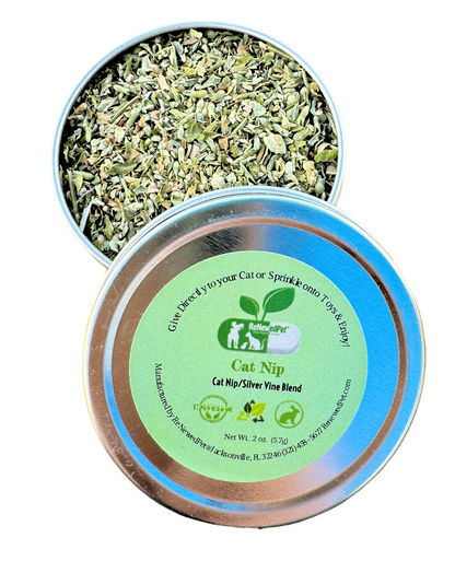 Organic catnip and silver vine blend in a metal tin for cats, pesticide-free and natural