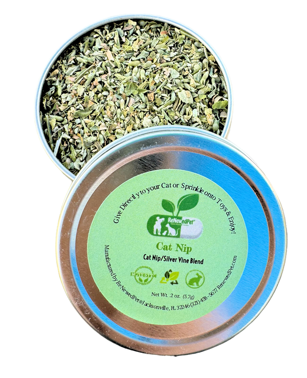 Organic catnip and silver vine blend in a metal tin for cats, pesticide-free and natural