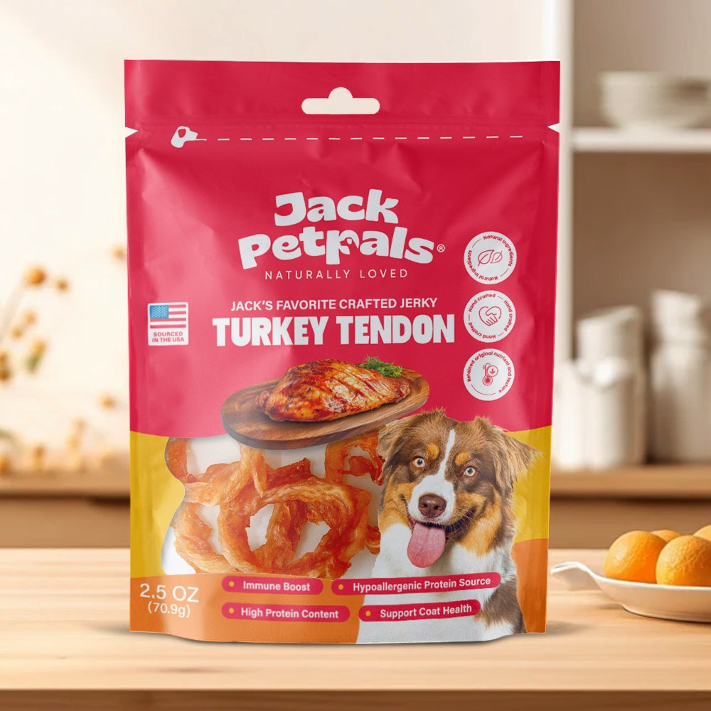 Jack PetPals handcrafted jerky turkey tendon dog treats in resealable pouch
