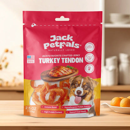Jack PetPals handcrafted jerky turkey tendon dog treats in resealable pouch
