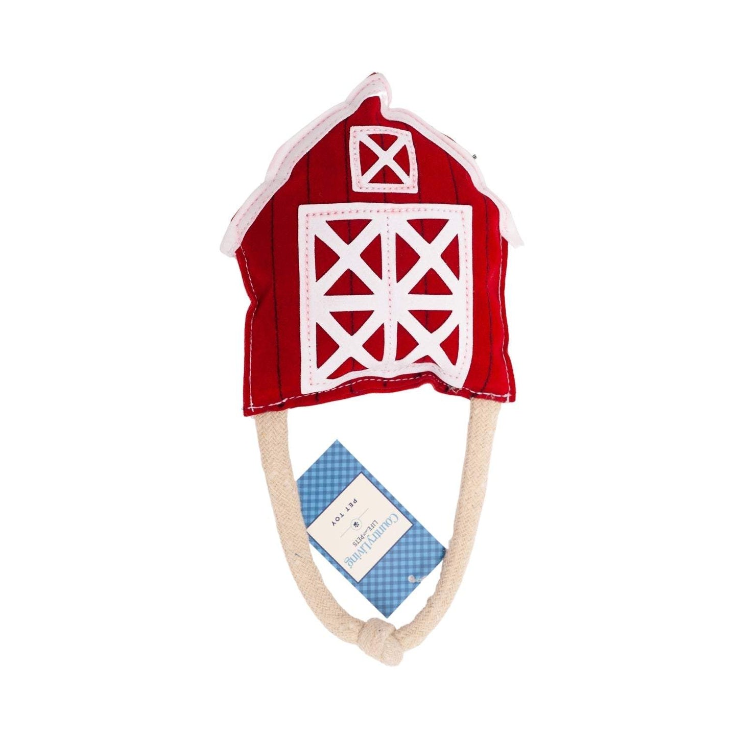 Country Living faux leather red barn shaped dog chew toy with durable, non-toxic materials and soft organic cotton stuffing for safe play.